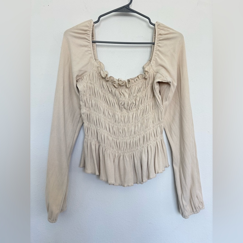 ALTAR’D STATE CREAM RUFFLE FRONT LONG SLEEVE STRETCH BLOUSE SZ MEDIUM